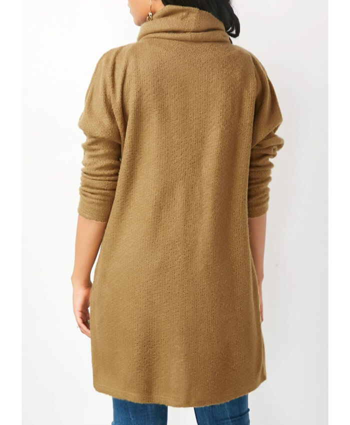 Cowl Neck Crossover Hem Tan Brown Longline Blouse